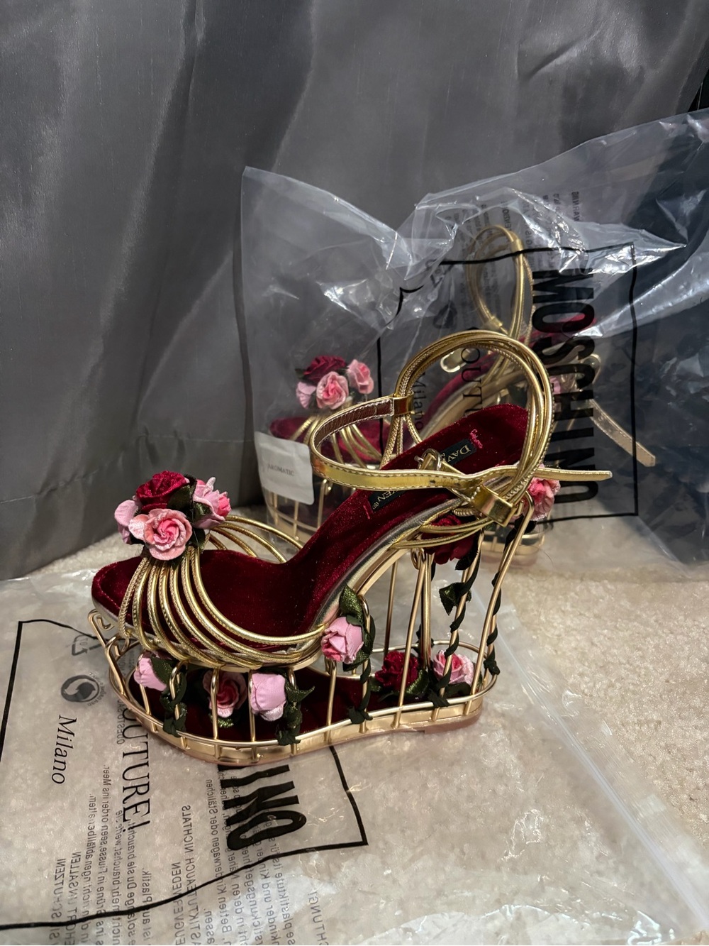 Gold Cage Wedge Sandals with Red Velvet & Pink Flower Accents - Picture 4 of 5